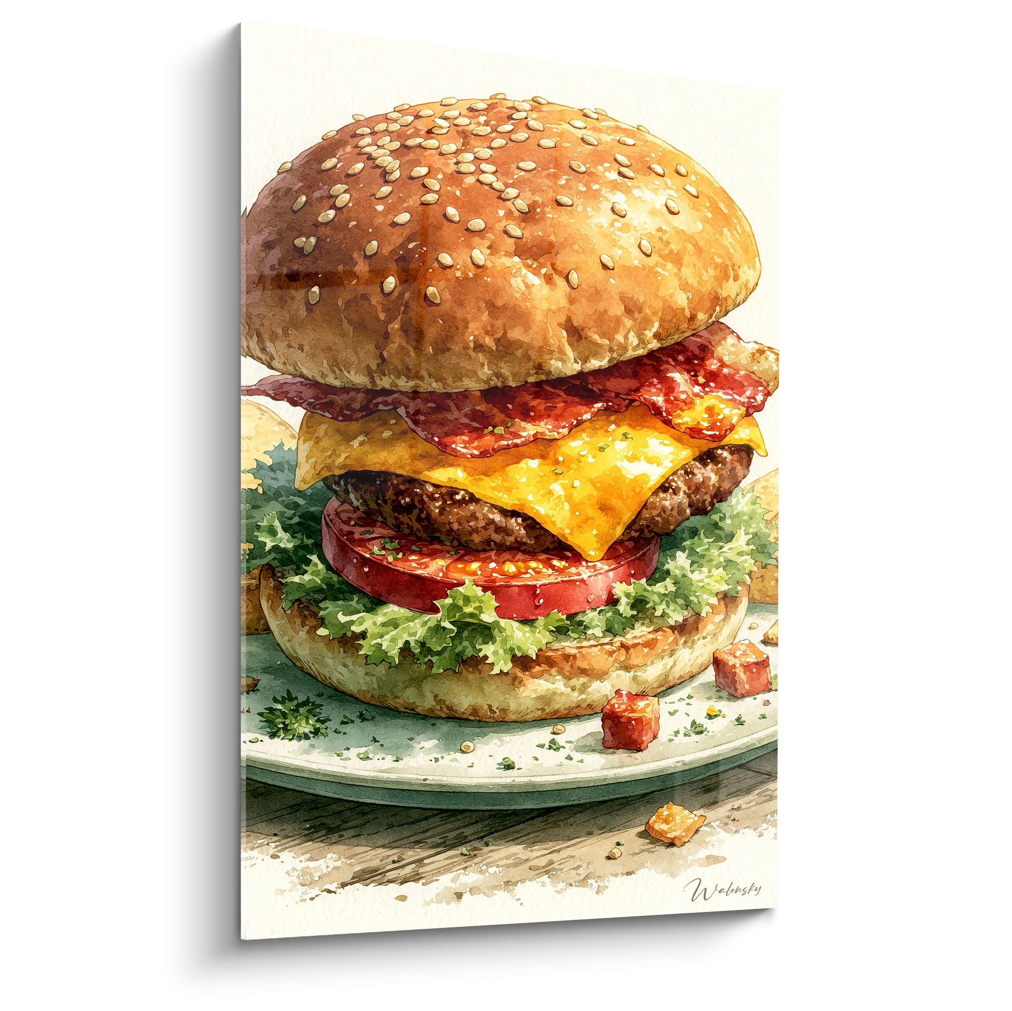 Burger doré empilé de bacon rouge et fromage jaune, sésame croustillant sur pain brioché