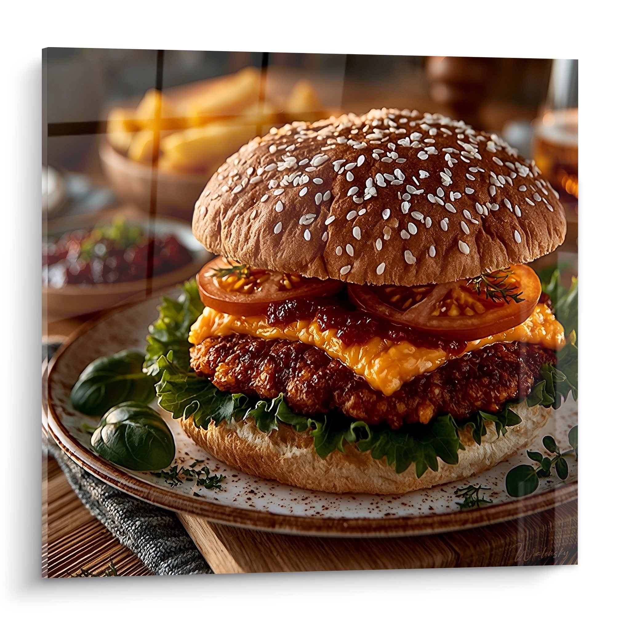 Burger doré au sésame, fromage fondu orangé et tomates rouges sur assiette rustique