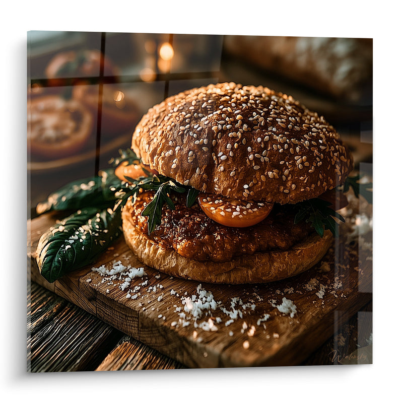Tableau Doré au pain sésame et roquette fraîche - Planche de bois rustique - Edition Burger