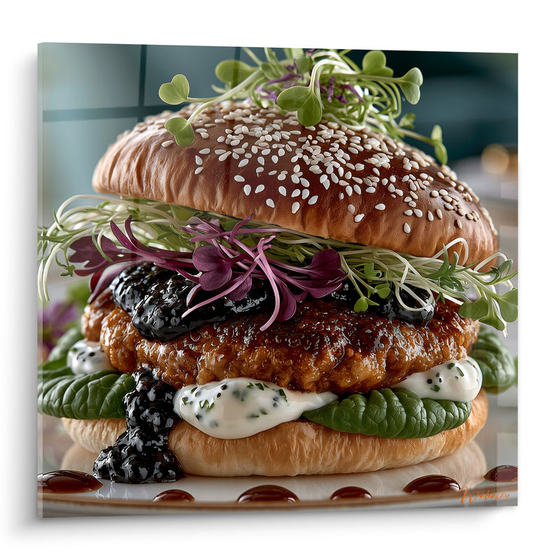 Tableau Burger doré et noir à la confiture mûres - Pousses de radis violettes - Edition Burger