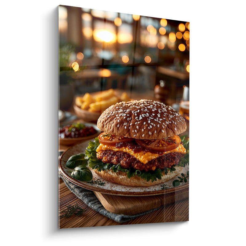 Tableau Burger doré et vert croquant sur assiette - Faim du soir - Edition Burger
