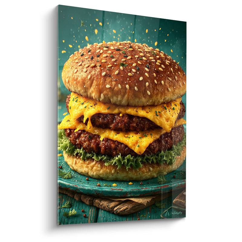 Tableau Burger double fromage sur bois turquoise - Appétit débordant - Edition Burger