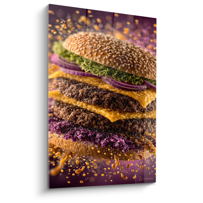 Tableau Double steak doré et pourpre à la confiture violette scintillante - Éclaboussures de sauce ambrée - Edition Burger