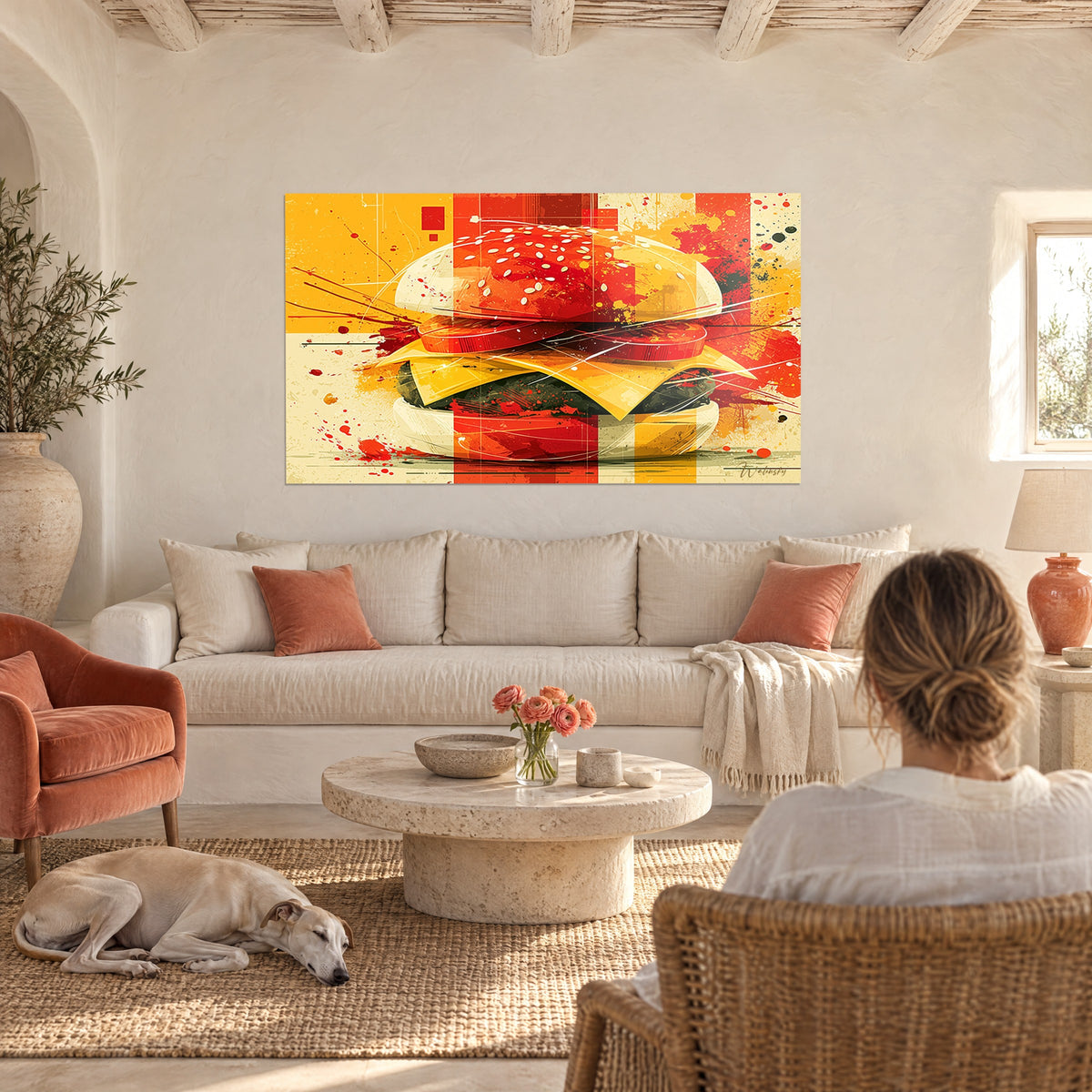 Πίνακας burger pop art, κόκκινο ψωμάκι με σουσάμι και έντονο κίτρινο τυρί, πάνω από καναπέ σε φωτεινό σαλόνι