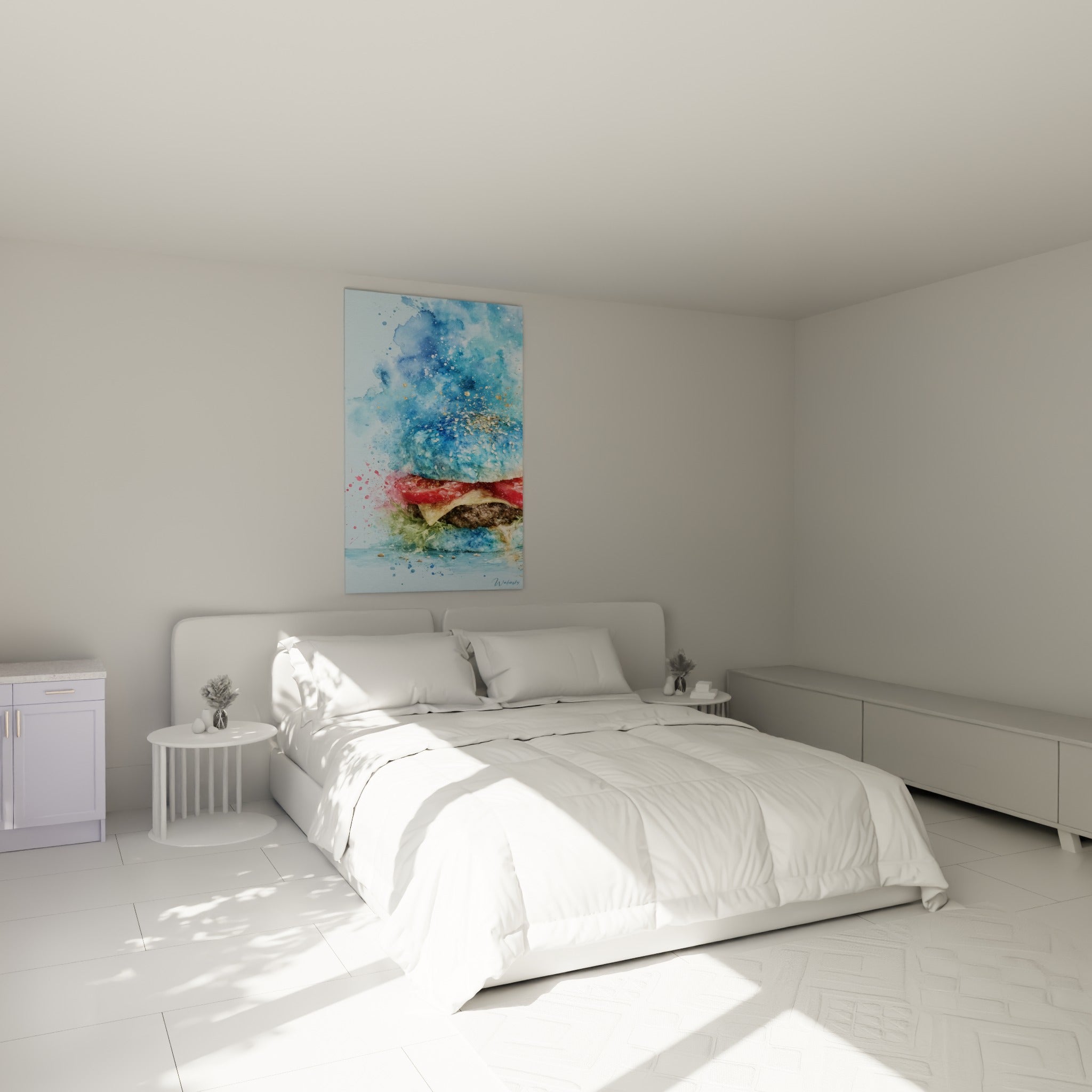 Explosion gourmande bleue et rouge d'un burger aquarelle, au-dessus d'un lit dans une chambre claire