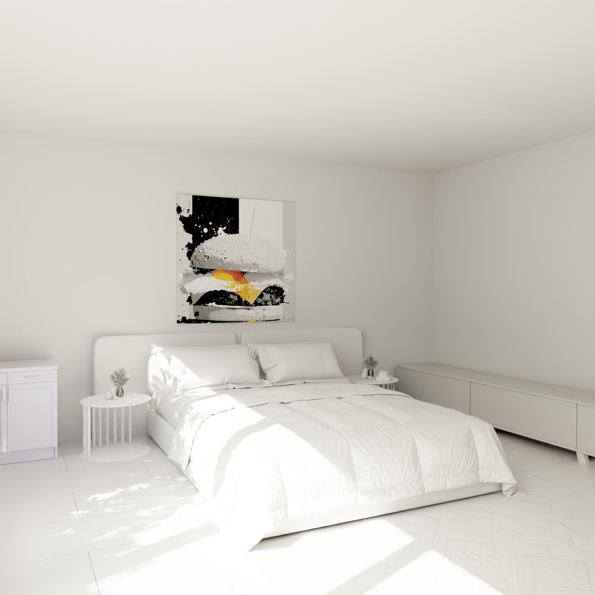 Pain brioché texturé en noir et blanc avec jaune d'œuf coulant, au-dessus d'un lit dans une chambre claire
