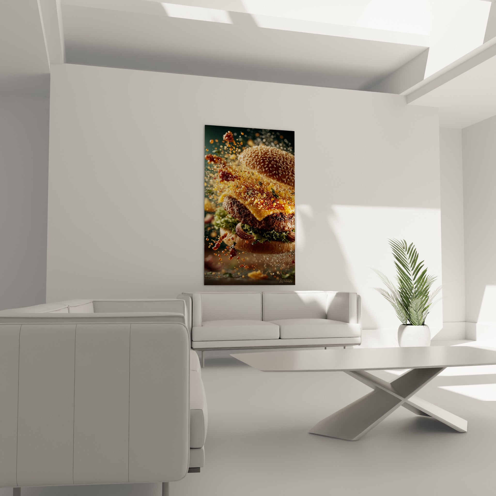 Burger fumant aux éclats de sauce terracotta et fromage fondu, accroché au-dessus d'un canapé dans un salon lumineux