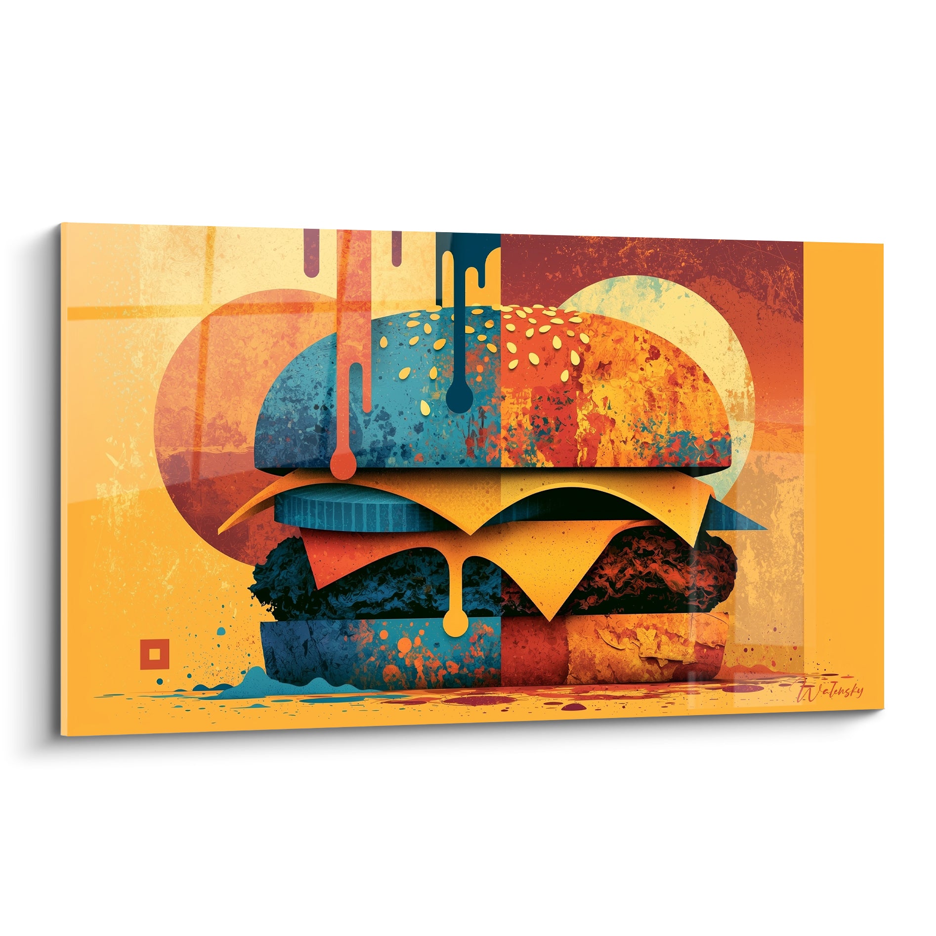 Burger éclaté en aplats bleu pétrole et ocre, coulures colorées façon pop art urbain