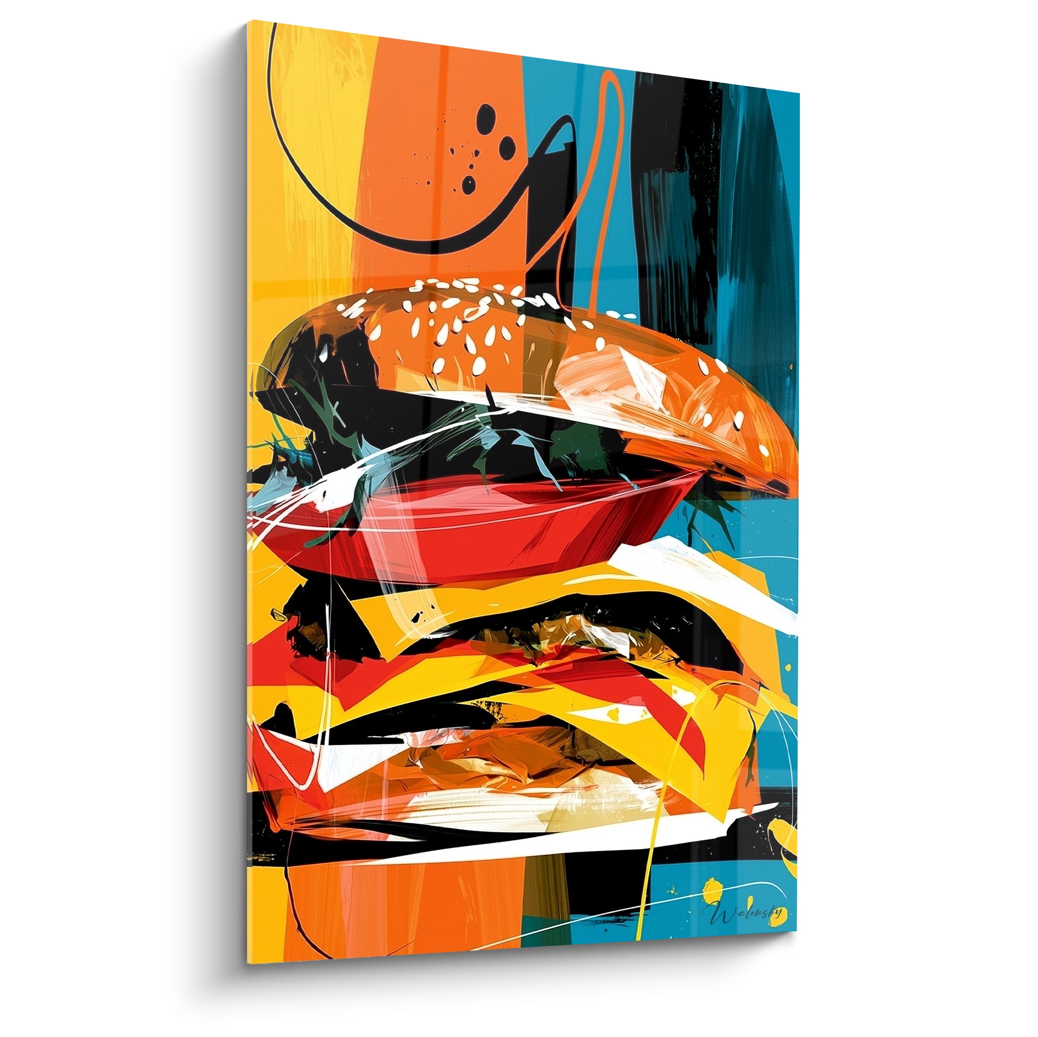 Burger éclaté aux couches rouge, jaune et orange sur fond bleu sarcelle traité en pop art
