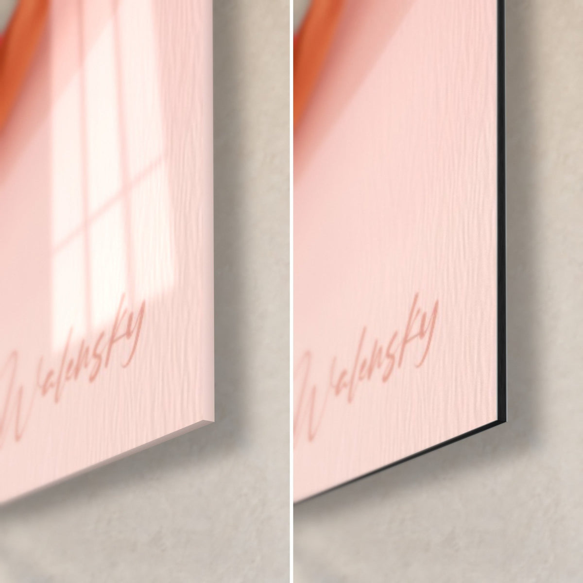 Gemälde Gourmet-Burger, untere rechte Ecke: glänzendes Acrylglas links, mattschwarzes Alu-Dibond rechts, rosa Walensky-Signatur