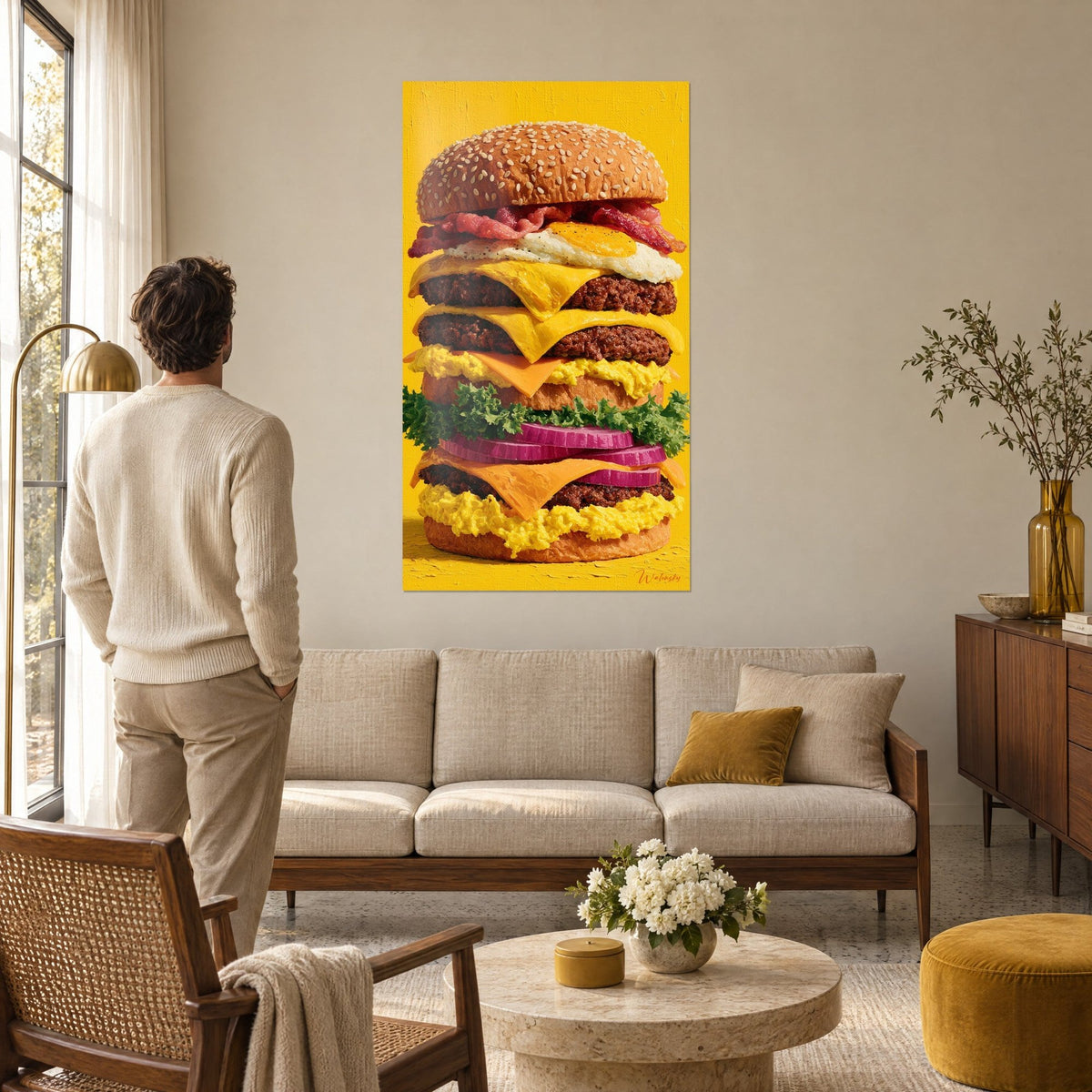 Obraz gigantyczny cheeseburger z ułożonymi steakami, żółtym cheddarem i fioletową cebulą na musztardowym tle, mężczyzna tyłem nad kanapą w jasnym salonie