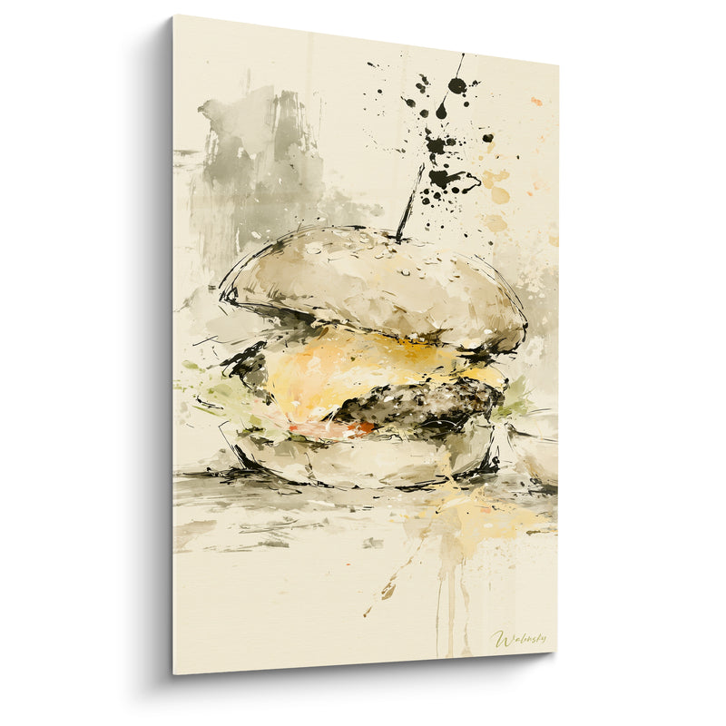 Tableau Burger crème et noir aux éclaboussures d'encre - Fond aquarelle délavé - Edition Burger