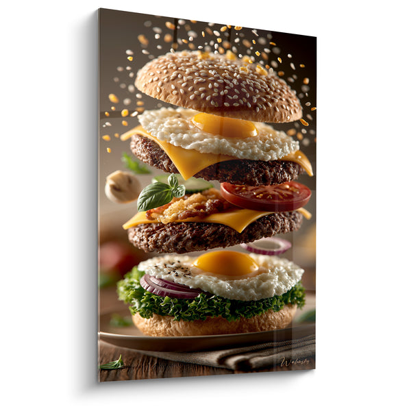 Dipinto Burger dorato e giallo con uova sovrapposte - Ingredienti in levitazione - Edizione Burger