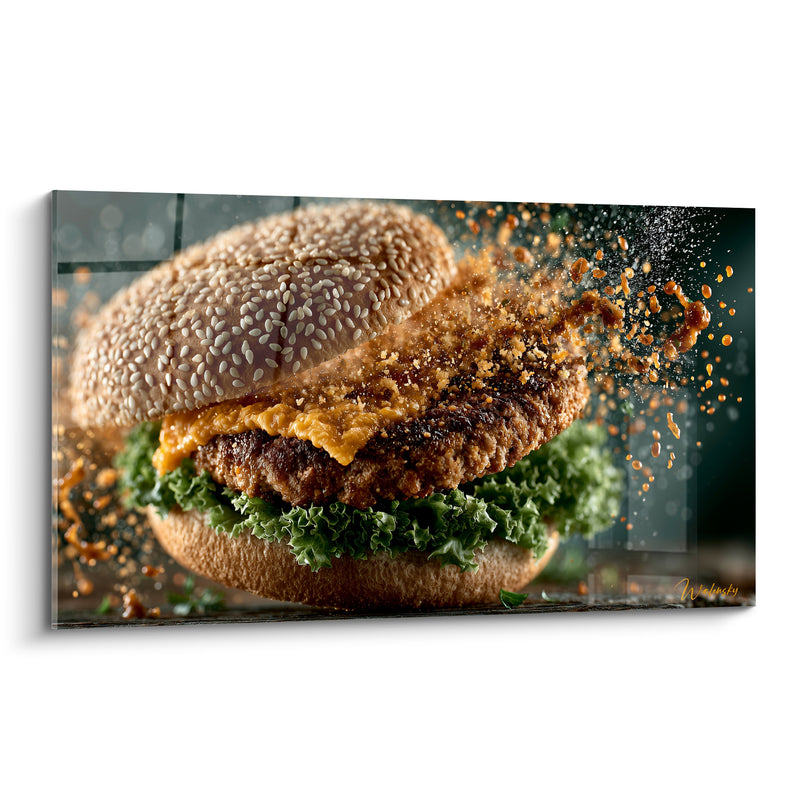 Tableau Pain sésame doré et vert à la sauce pulvérisée - Steak haché explosé - Edition Burger
