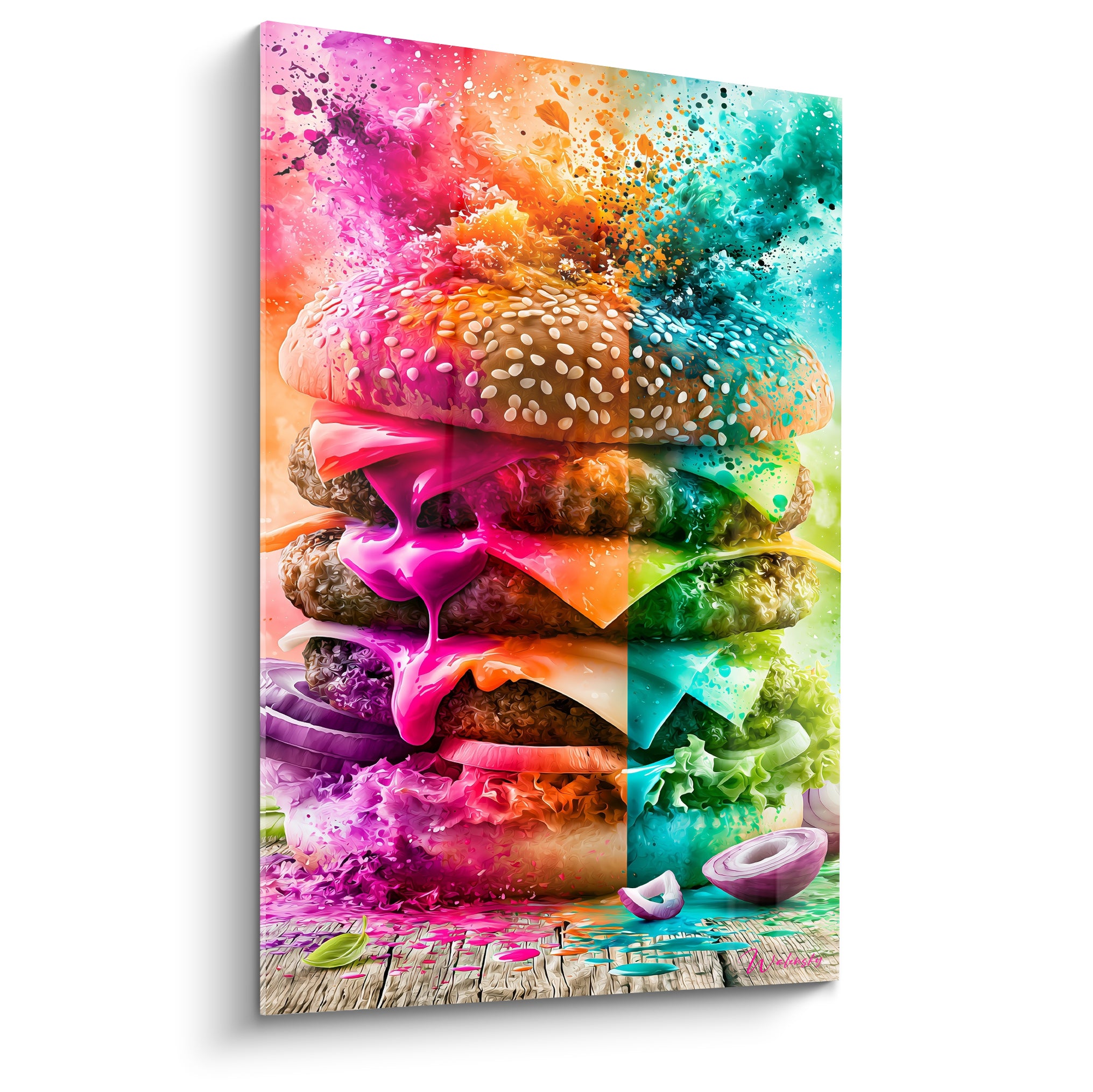 Burger explosé en poudres rose fuchsia et turquoise, sésame doré, oignon violet sur planche