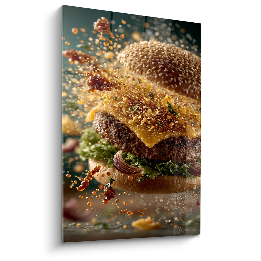 Tableau Burger doré et vert aux gouttes de sauce suspendues - Miettes de fromage volantes - Edition Burger
