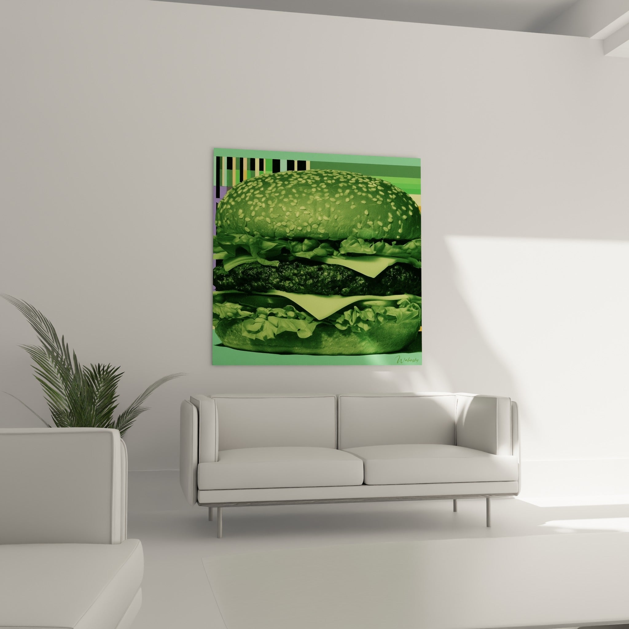 Pain graineux et viande hachée verte du burger placés au-dessus d'un canapé dans un salon lumineux
