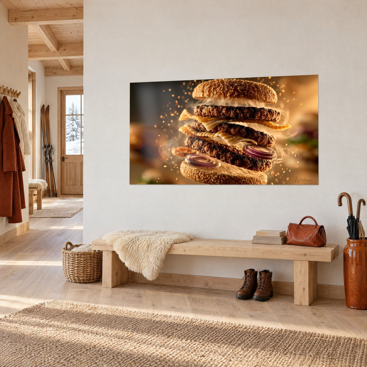 Tableau sandwich haché en lévitation, fromage ondulé crème et pain brun doré, sur mur blanc d'une entrée de chalet