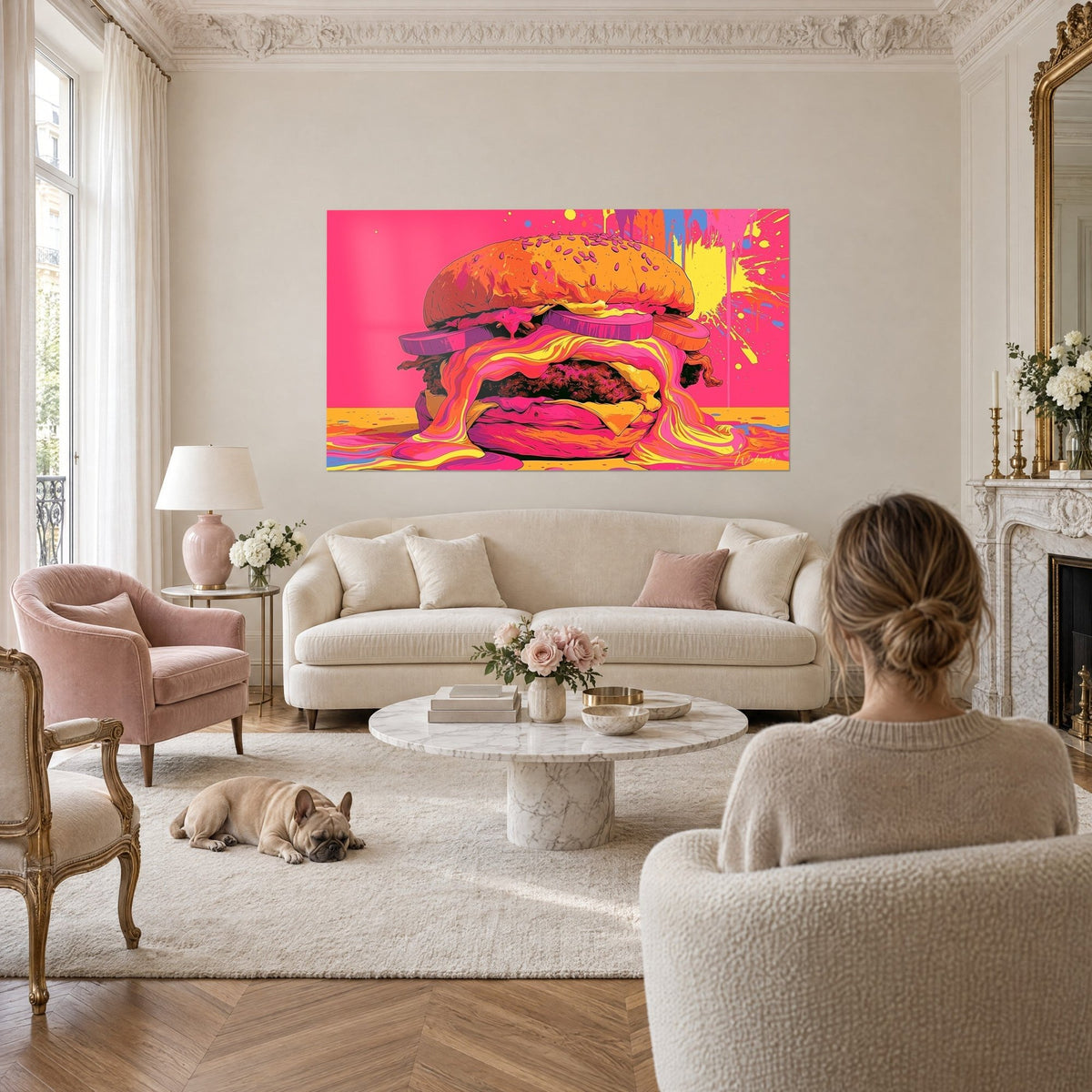 Tableau burger fondant rose et jaune, fromage coulant en rubans orange, une femme de dos au-dessus d'un canapé dans un salon lumineux