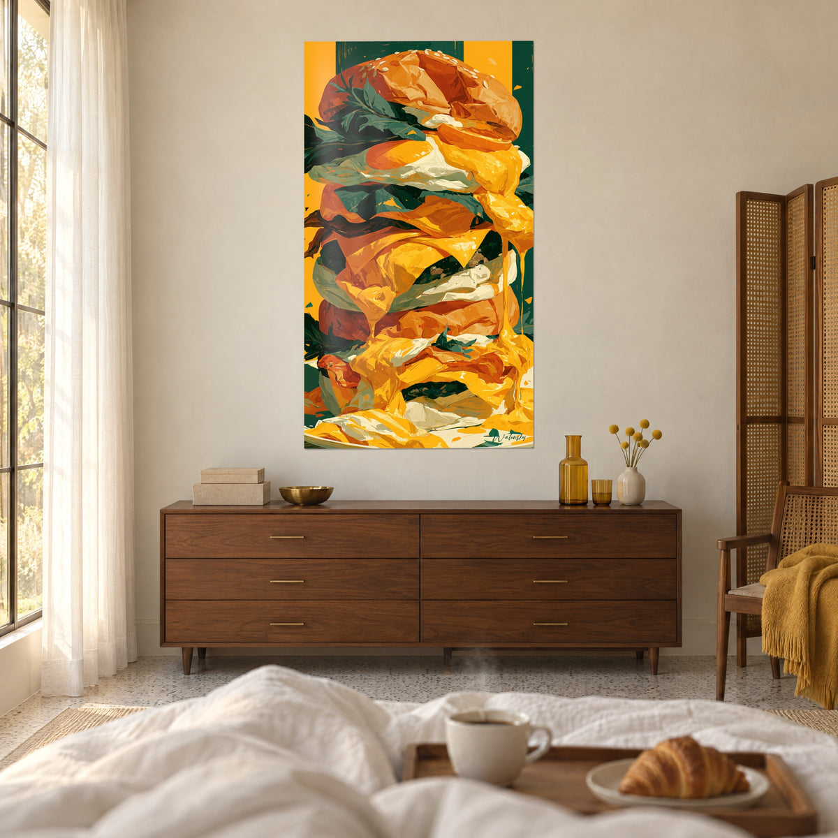Πίνακας στοιβαγμένο χάμπουργκερ με πορτοκαλί και κίτρινα ζαφορά αντανακλάσεις, υπογραφή Walensky, πάνω από κρεβάτι σε φωτεινό υπνοδωμάτιο