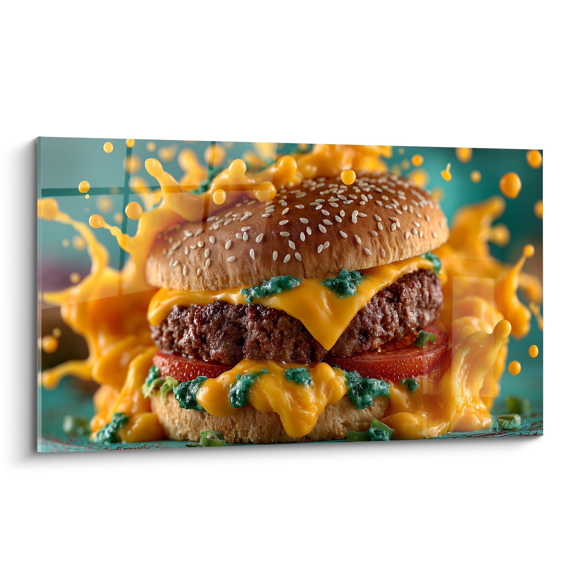 Burger doré et turquoise avec fromage fondu et éclaboussures figées en plein mouvement