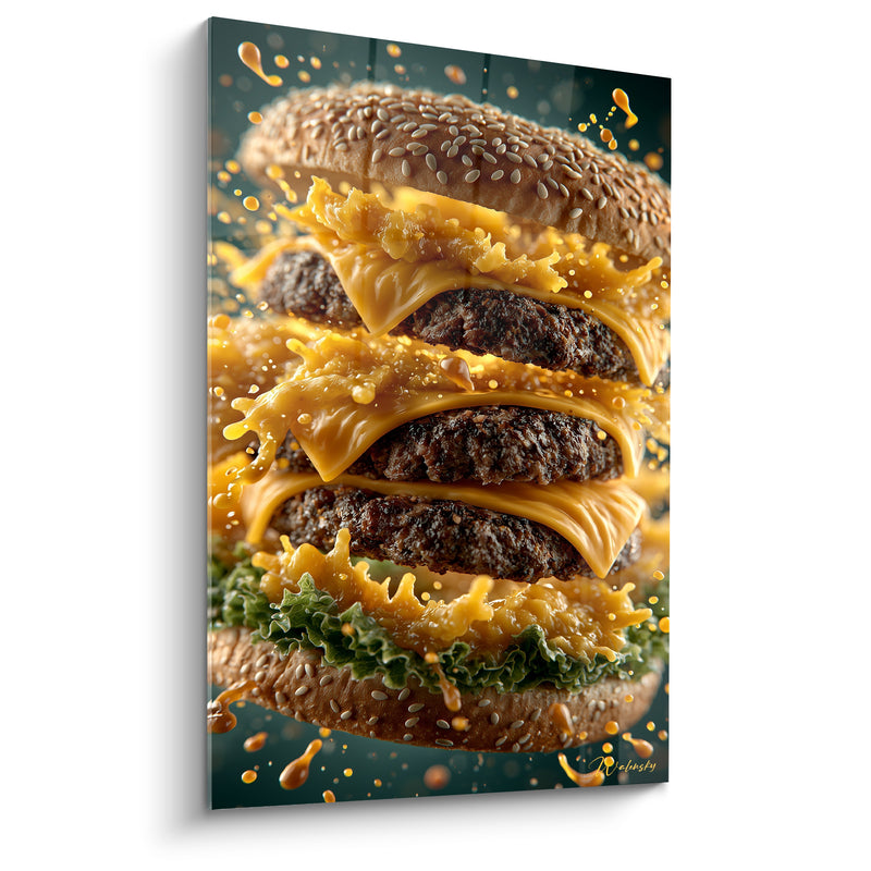 Tableau Cheeseburger doré et brun aux triples steaks empilés - Fromage jailli en éclaboussures - Edition Burger