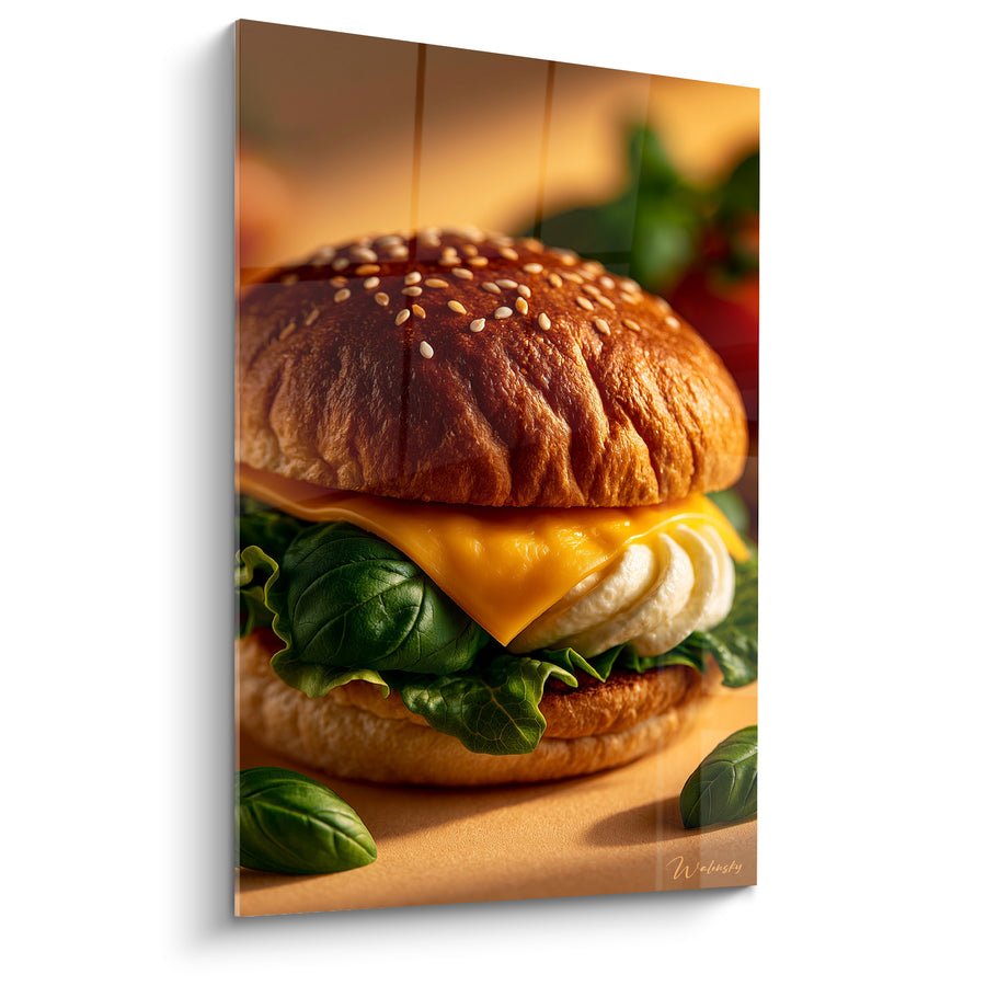 Tableau Cheeseburger doré et jaune aux feuilles de basilic - Fromage fondant en vagues - Edition Burger