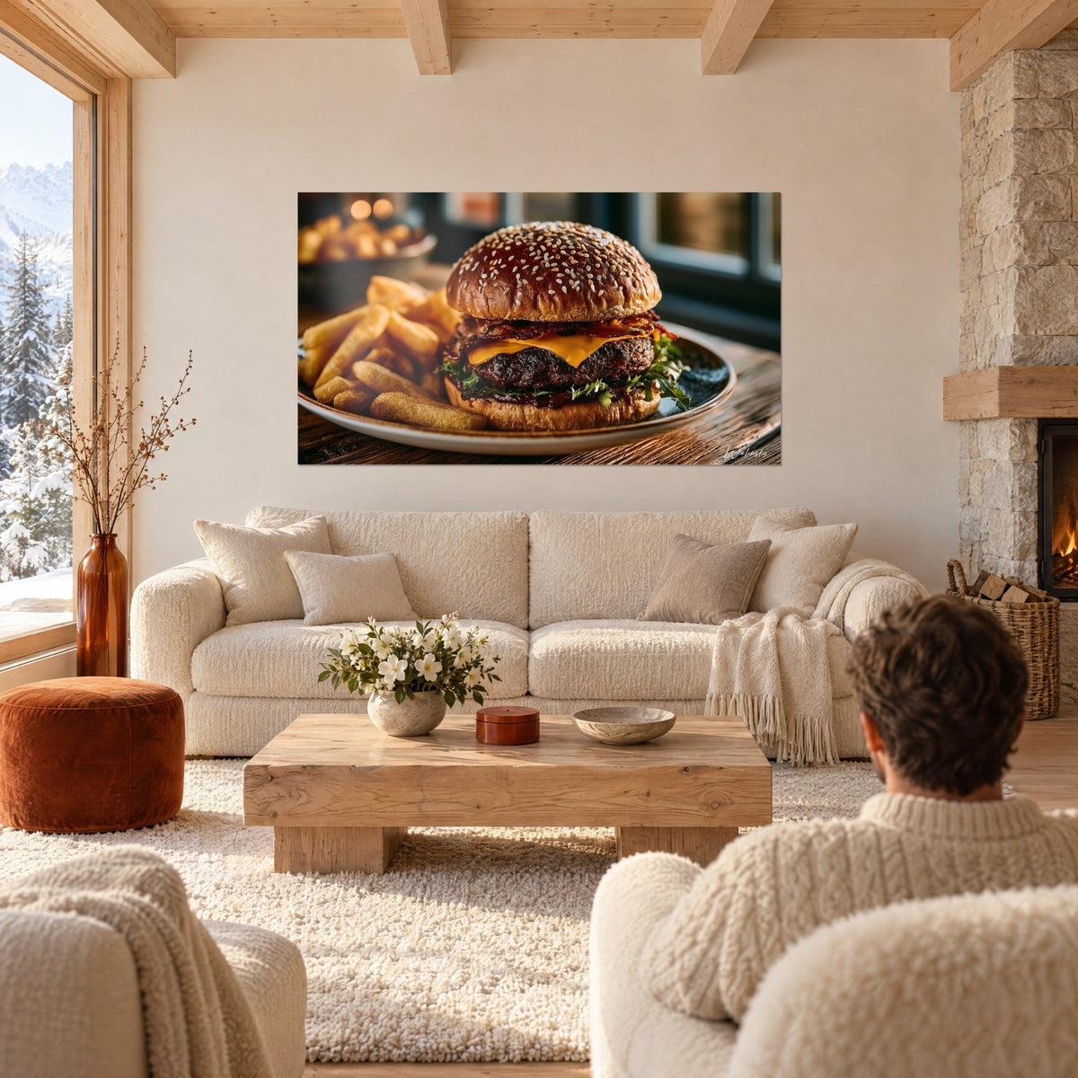 Quadro hamburger gourmet con panino brioche dorato, cheddar fuso e patatine fritte croccanti, sopra un divano in un soggiorno luminoso