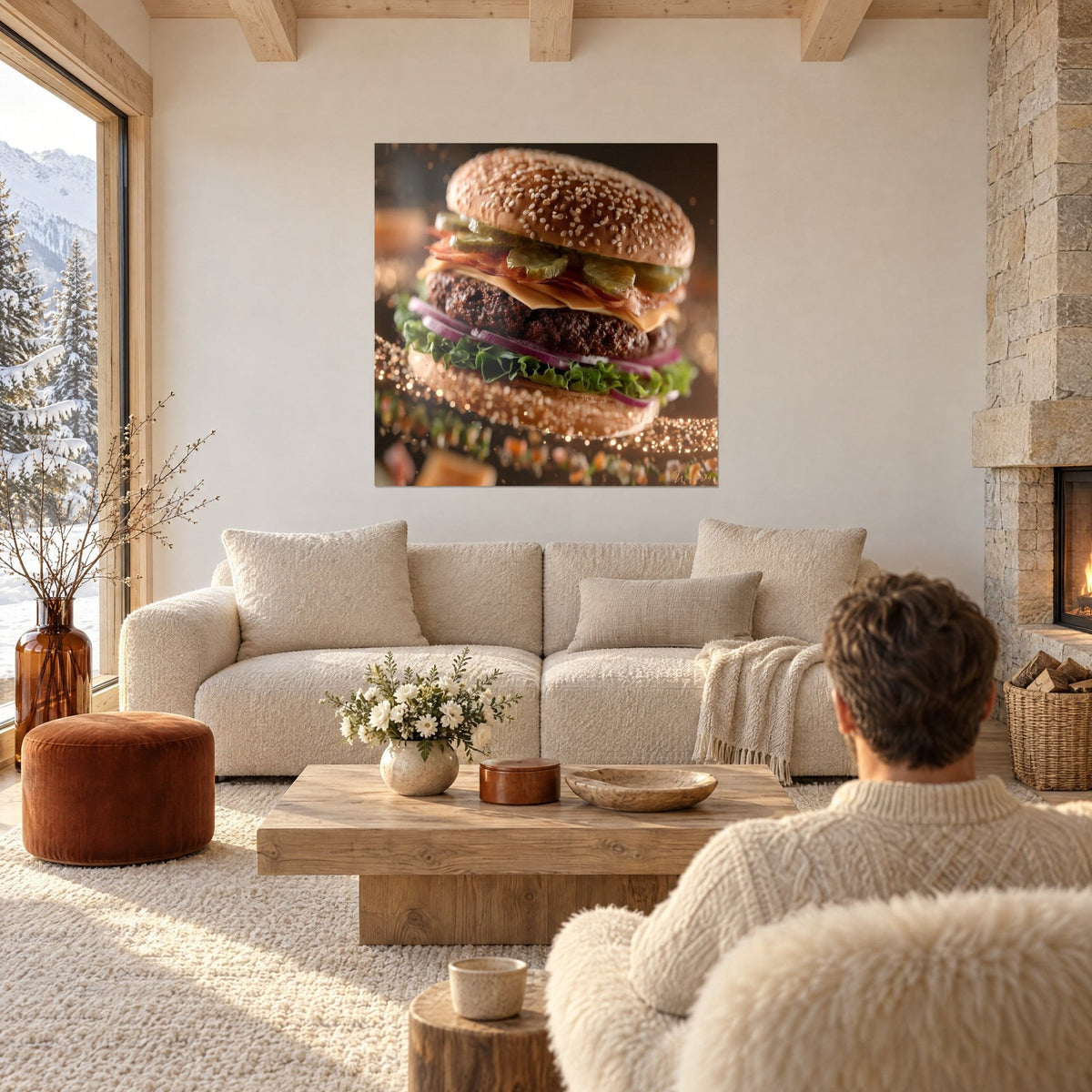 Tableau burger doré aux cornichons verts, bacon et cheddar fondu, une personne de dos, au-dessus d'un canapé dans un salon lumineux