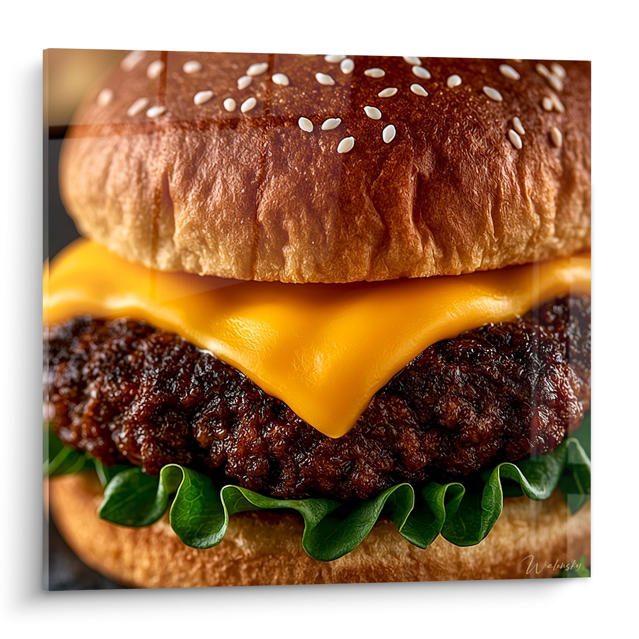 Burger juteux au fromage cheddar fondant, pain sésame doré et viande grillée brune texturée