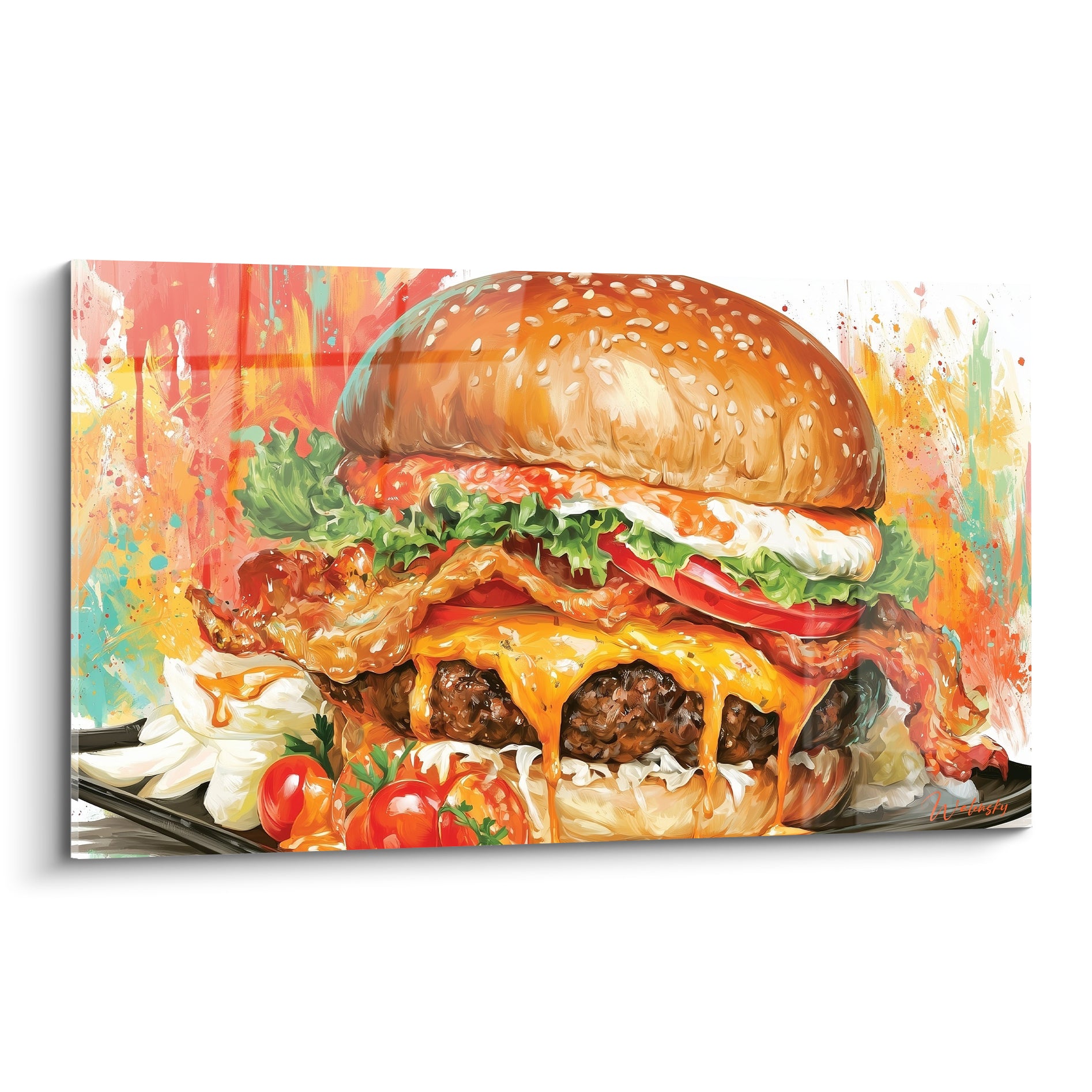 Burger doré au fromage fondant et bacon, fond éclaboussé rouge corail et turquoise pastel
