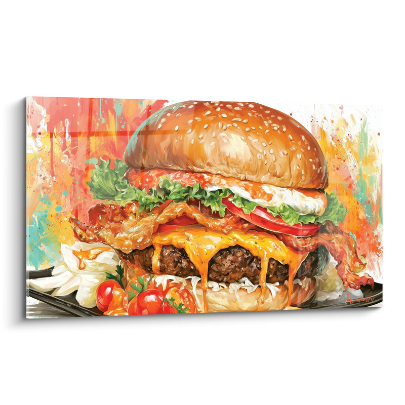 Tableau Doré et jaune au bacon croustillant dégoulinant - Tomates cerises sur assiette noire - Edition Burger