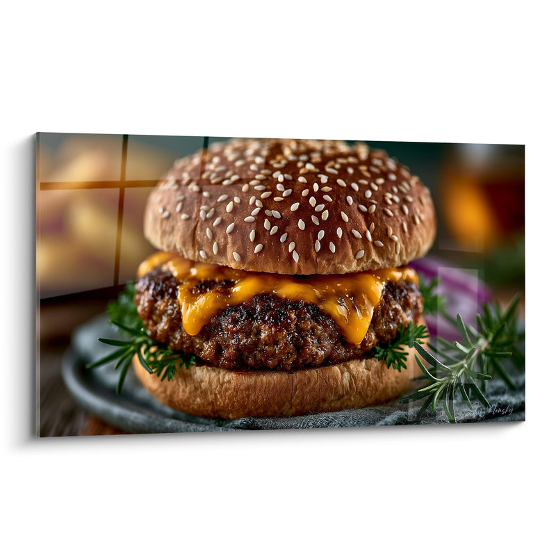 Tableau Burger brun et orange aux brins de romarin - Assiette en ardoise grise - Edition Burger