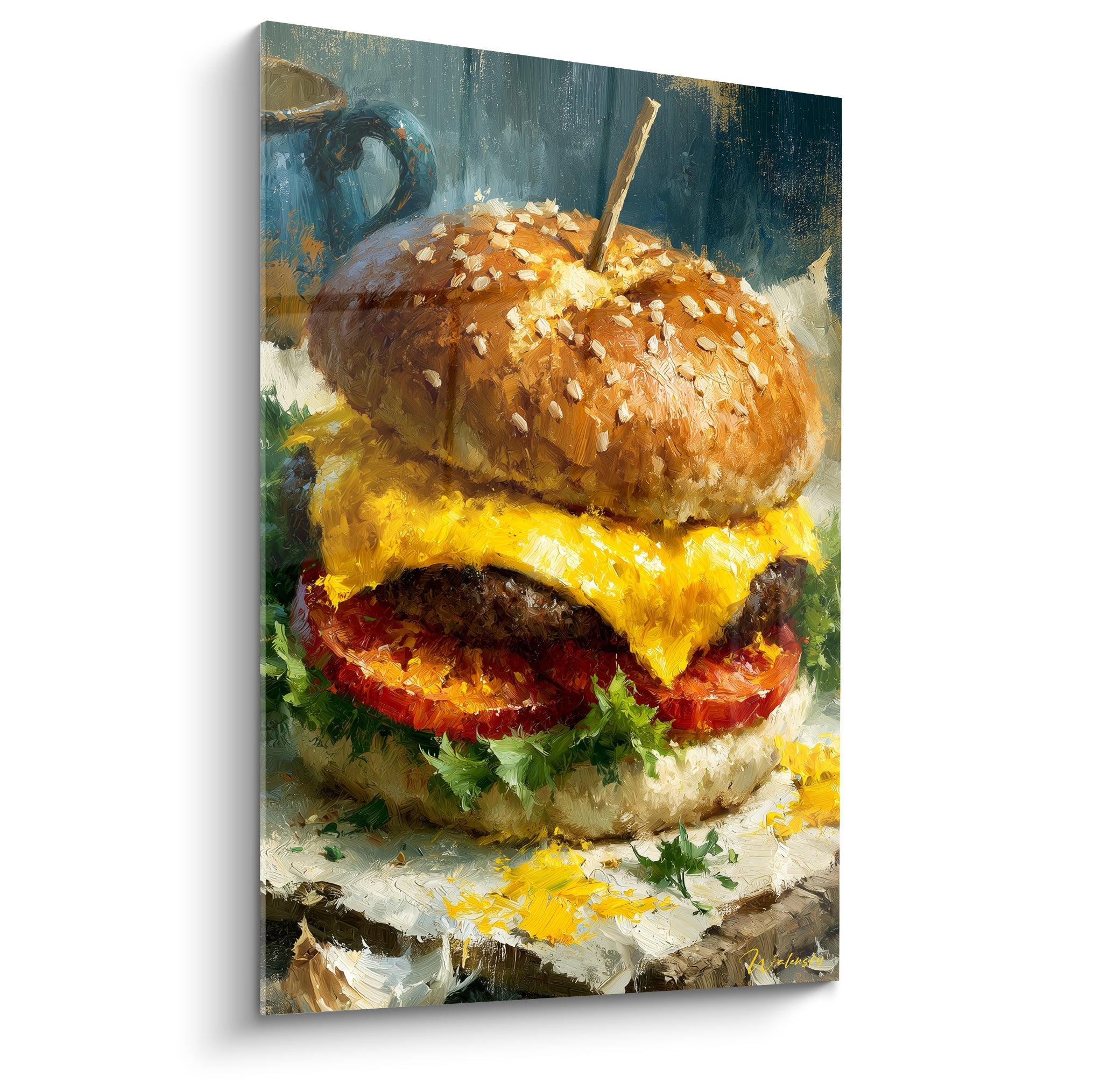 Burger généreux au fromage fondant jaune et tomate rouge, peinture épaisse sur fond bleu anthracite