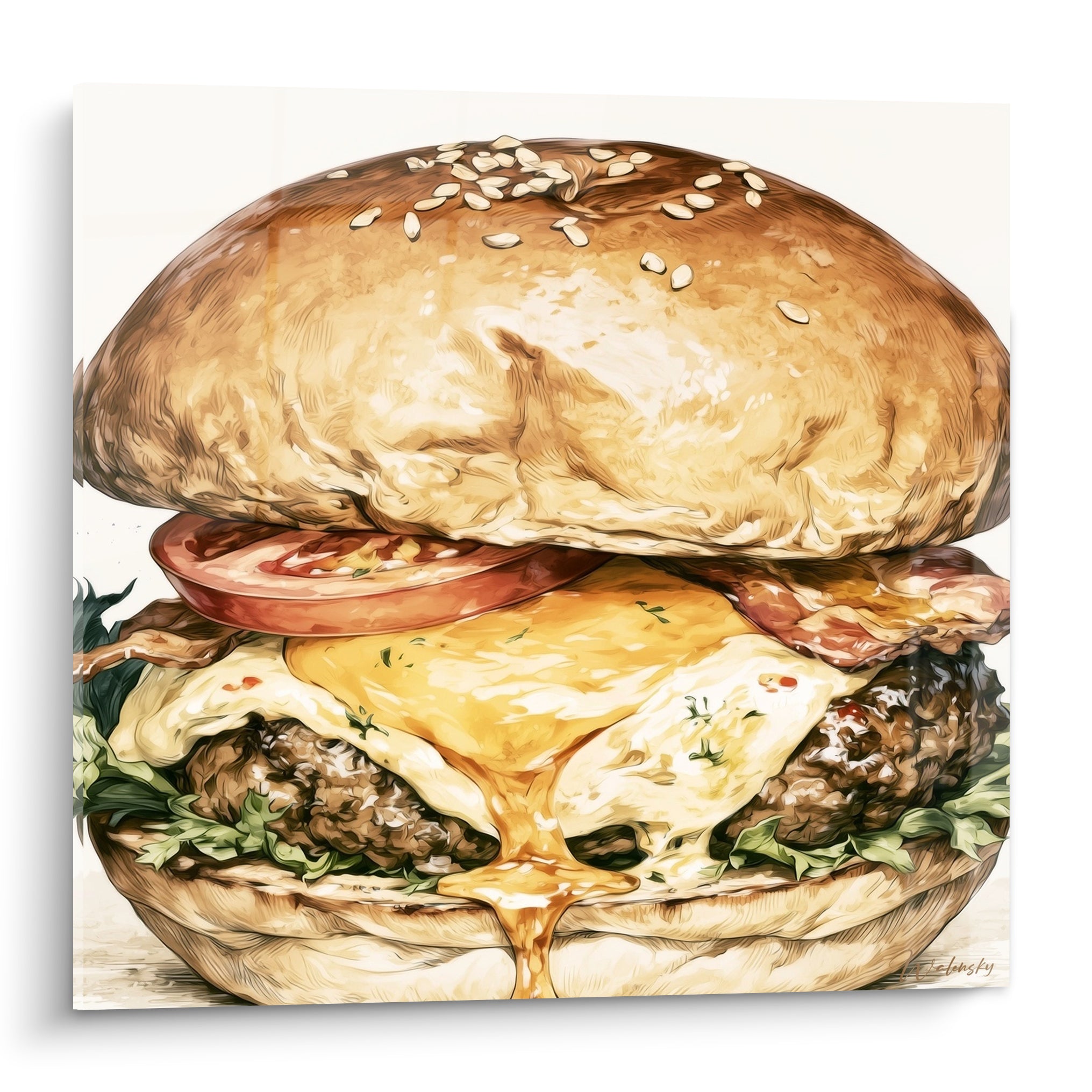 Burger géant au pain doré sésame, fromage fondant jaune et tomate rouge en gros plan