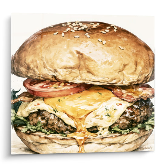 Burger géant au pain doré sésame, fromage fondant jaune et tomate rouge en gros plan
