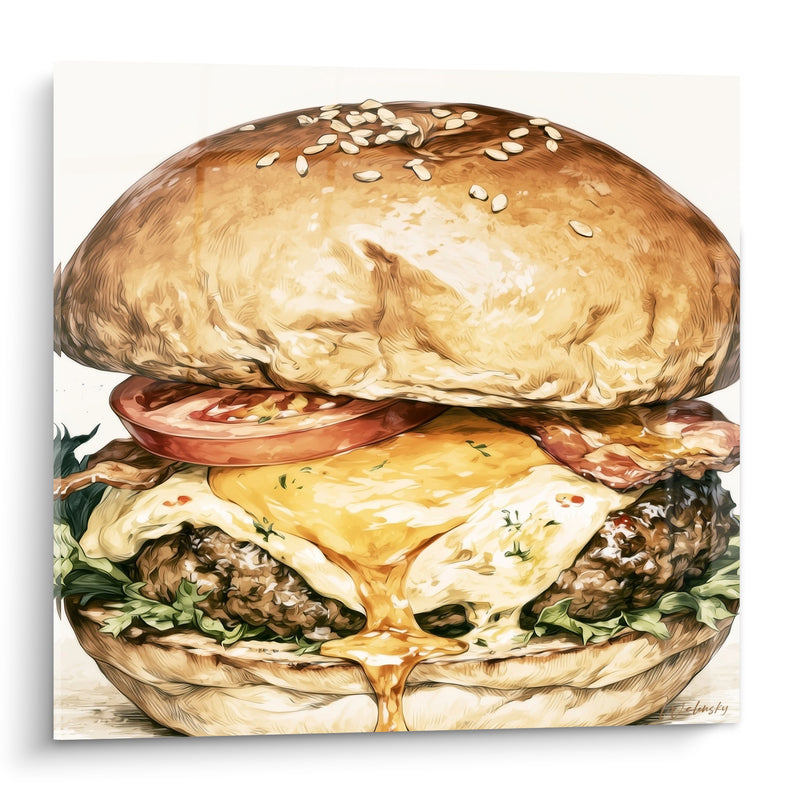 Tableau Pain sésame doré et rouge à l'œuf dégoulinant - Tranche de tomate juteuse - Edition Burger