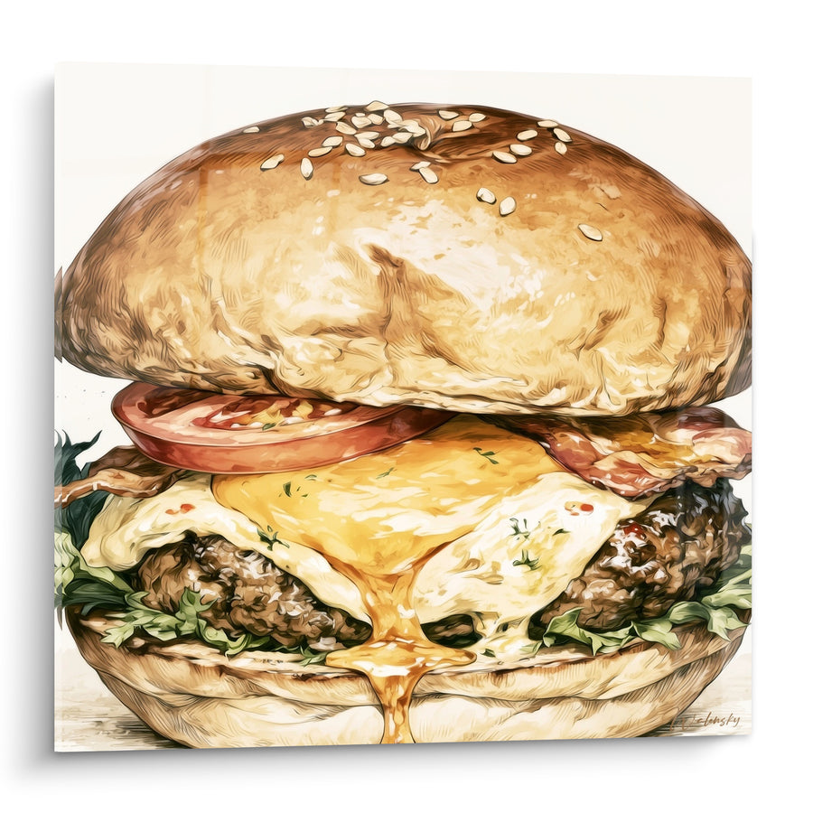 Tableau Pain sésame doré et rouge à l'œuf dégoulinant - Tranche de tomate juteuse - Edition Burger