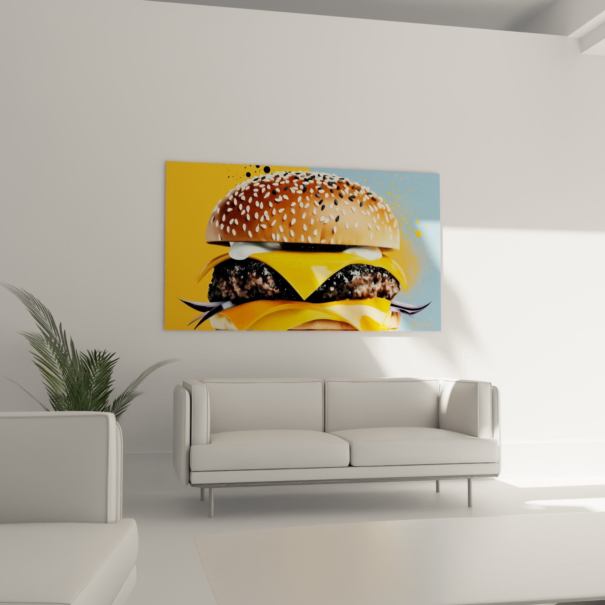 Viande grillée brune nappée de fromage jaune vif, pain brioché texturé, accroché au-dessus d'un canapé dans un salon lumineux
