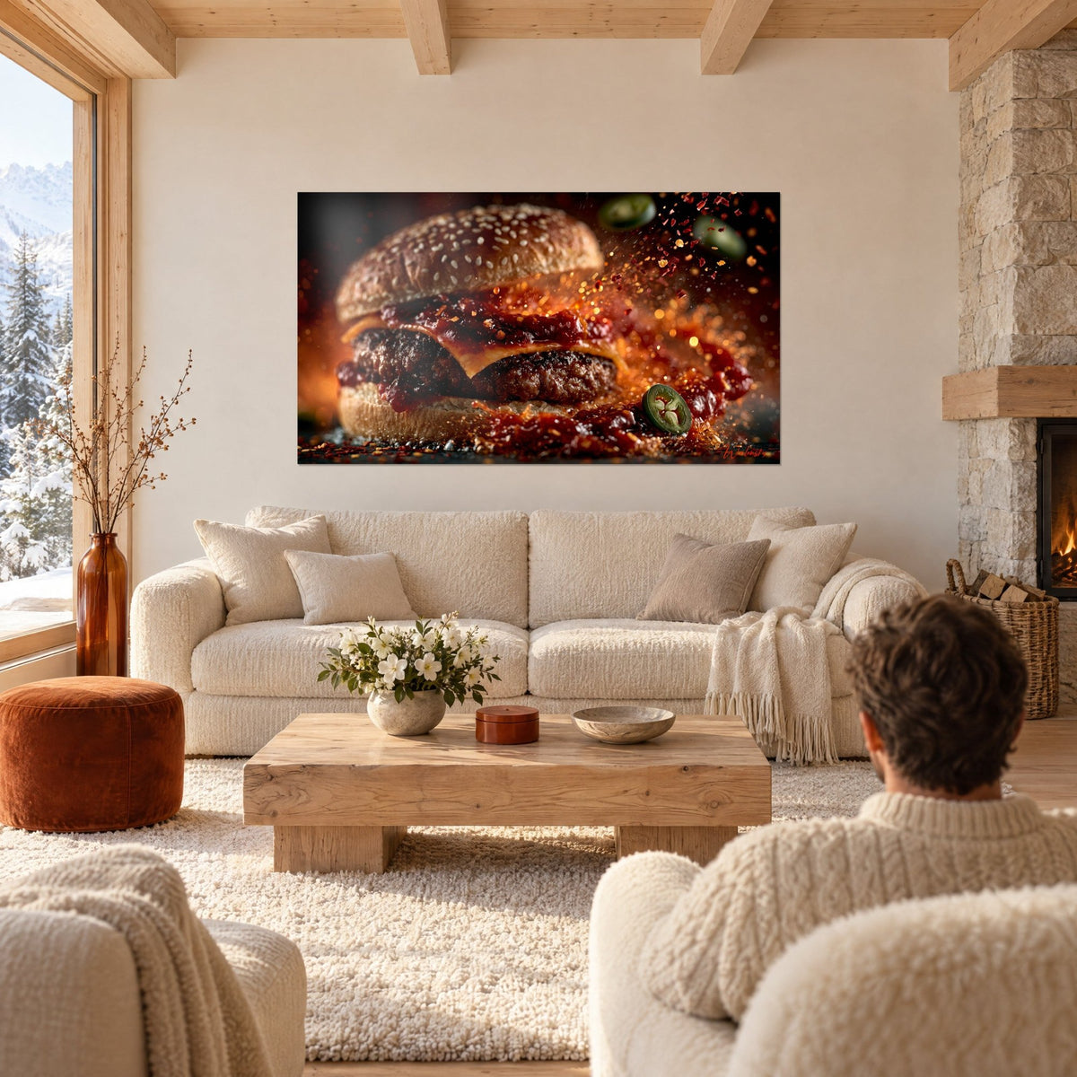 Tableau cheeseburger fumant aux piments éclatés, pain sésame doré et sauce rouge, au-dessus d'un canapé dans un salon lumineux