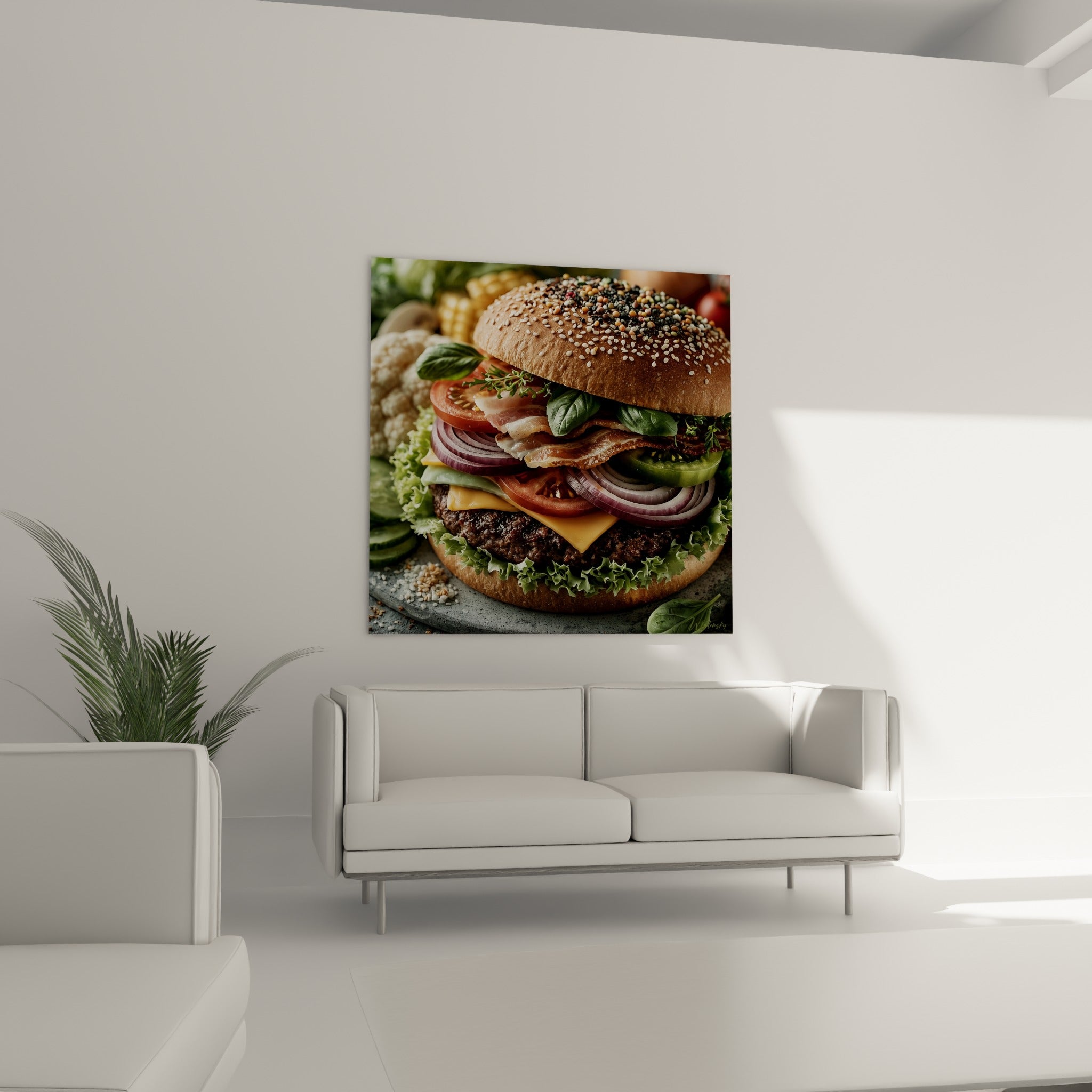 Burger juteux au fromage jaune fondant et laitue verte, accroché au-dessus d'un canapé dans un salon lumineux