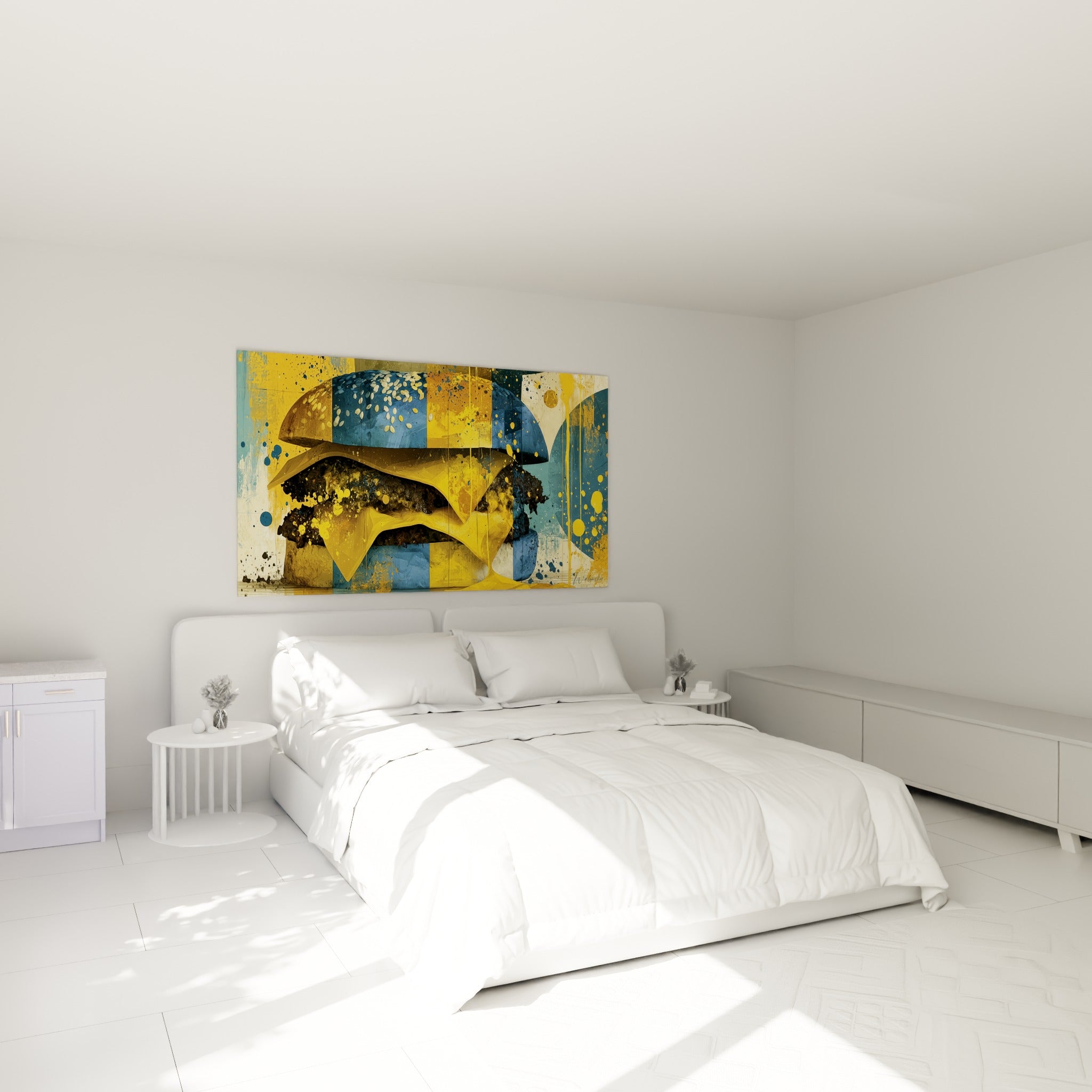 Burger coloré aux tons bleu marine et jaune vif, disposé au-dessus d'un lit dans une chambre claire