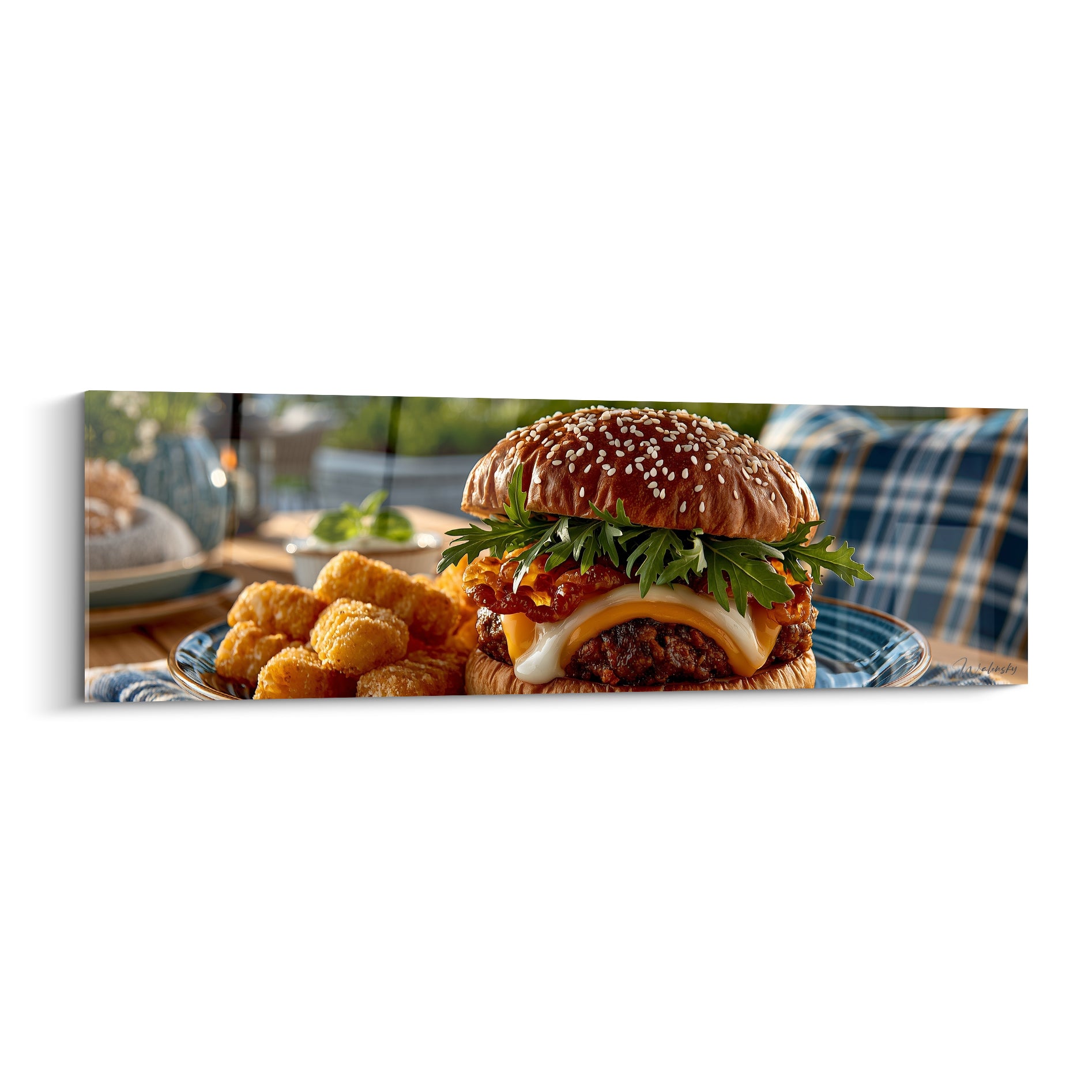 Burger doré au fromage fondant et roquette verte, présentation panoramique appétissante