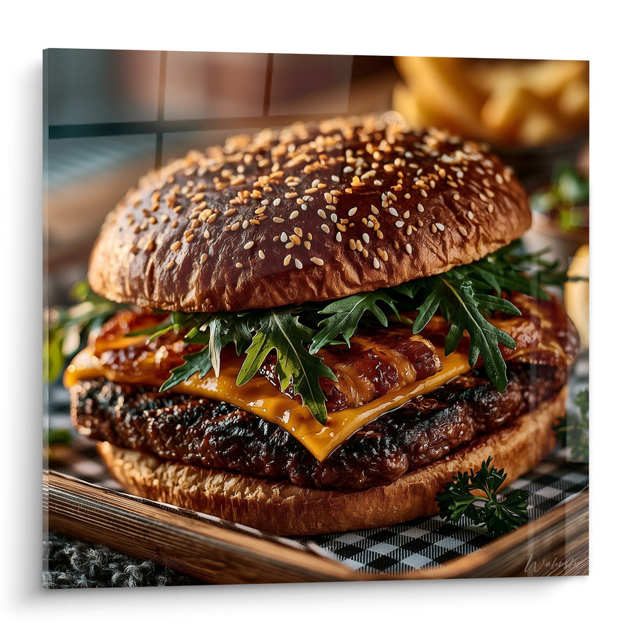 Tableau Burger brun et jaune à la roquette croquante - Plateau à carreaux noirs - Edition Burger
