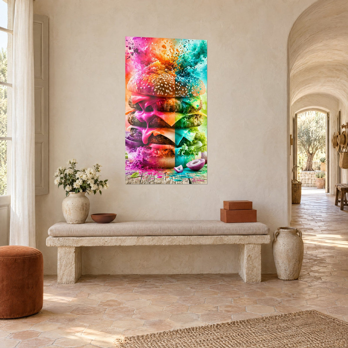 Quadro panino a strati in un'esplosione di polvere magenta e blu anatra, panini cosparsi di sesamo, muro bianco di un casale provenzale