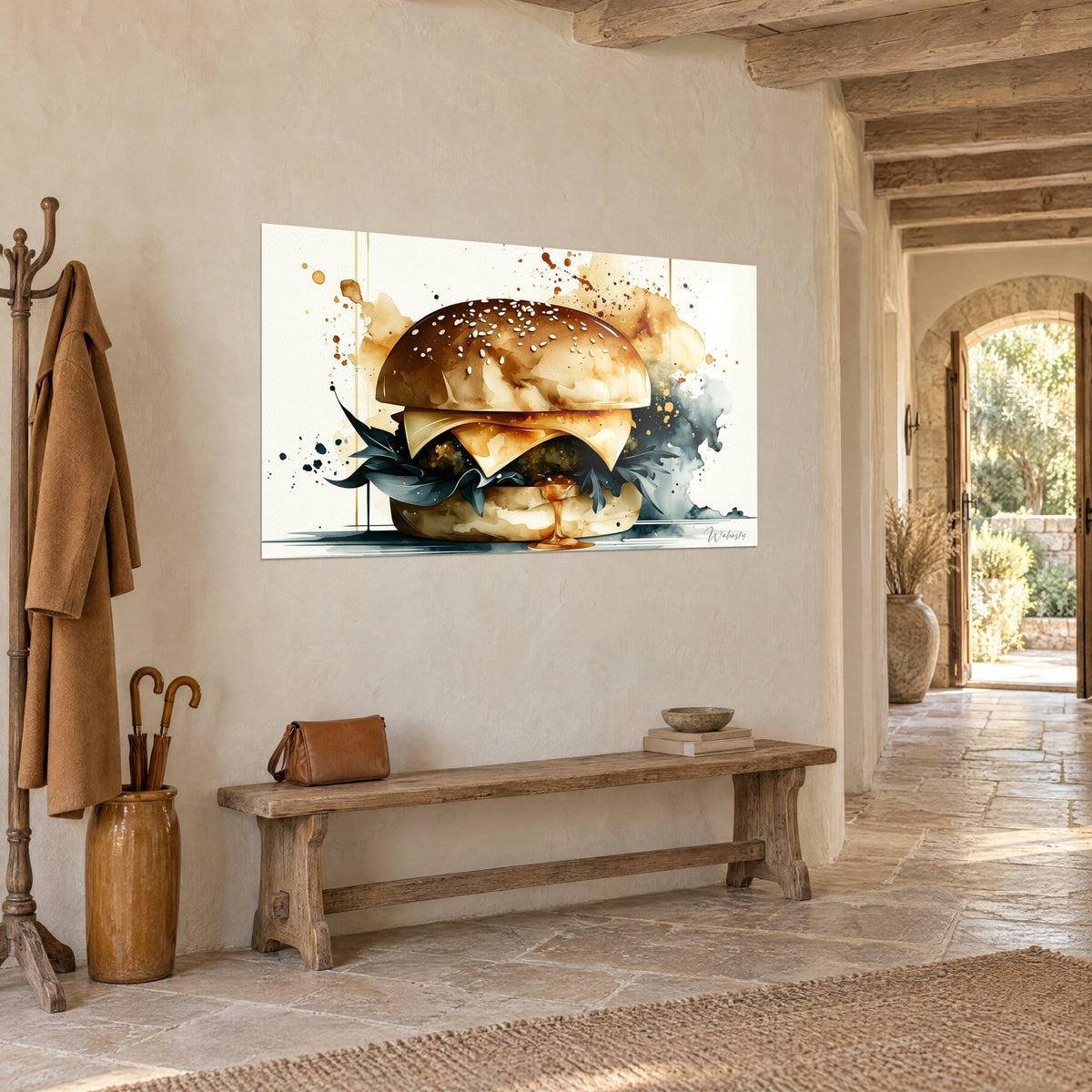 Quadro sandwich con carne alla griglia sotto formaggio fuso, schizzi ocra e grigio ardesia, nell'ingresso in pietra di una casa di campagna