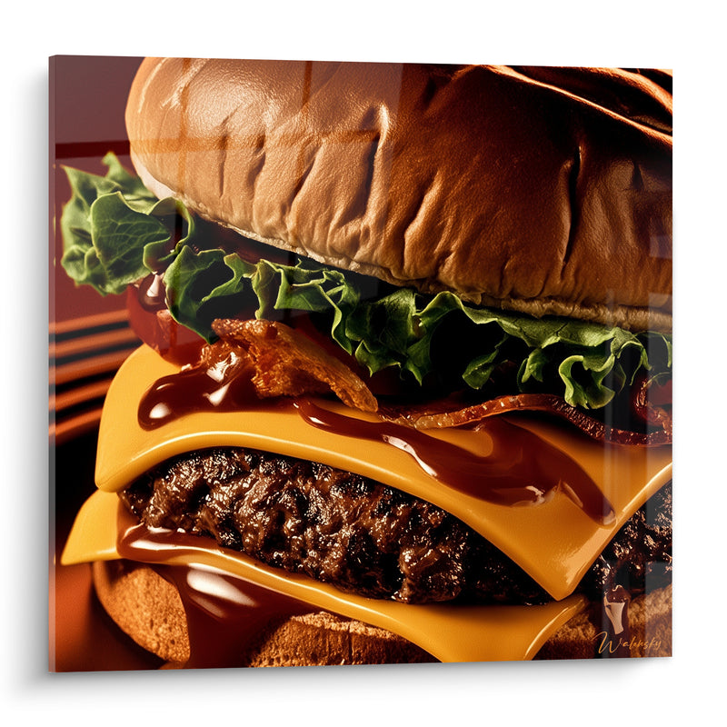 Tableau Cheeseburger brun et jaune à la laitue croquante - Sauce brune dégoulinante - Edition Burger