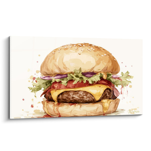 Dipinto Cheeseburger dorato e rosso con cipolle rosse esplosive - Schizzi su sfondo bianco - Edizione Burger