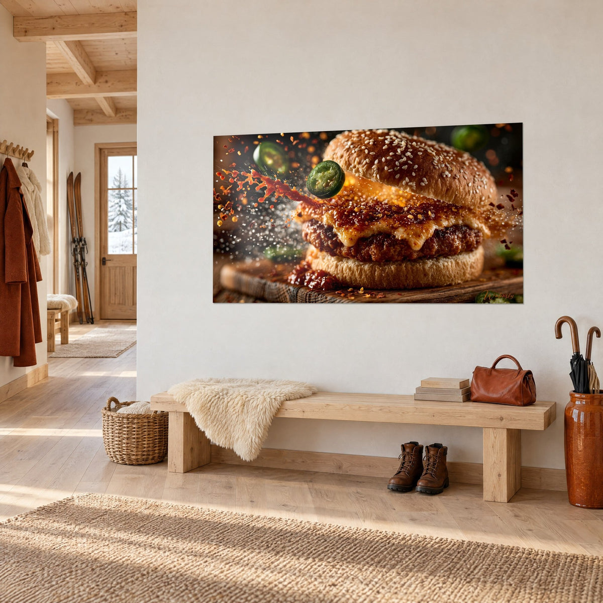 Quadro panino con manzo e cheddar fuso, salsa rossa schizzata, appeso a una parete bianca sopra una panca in legno chiaro