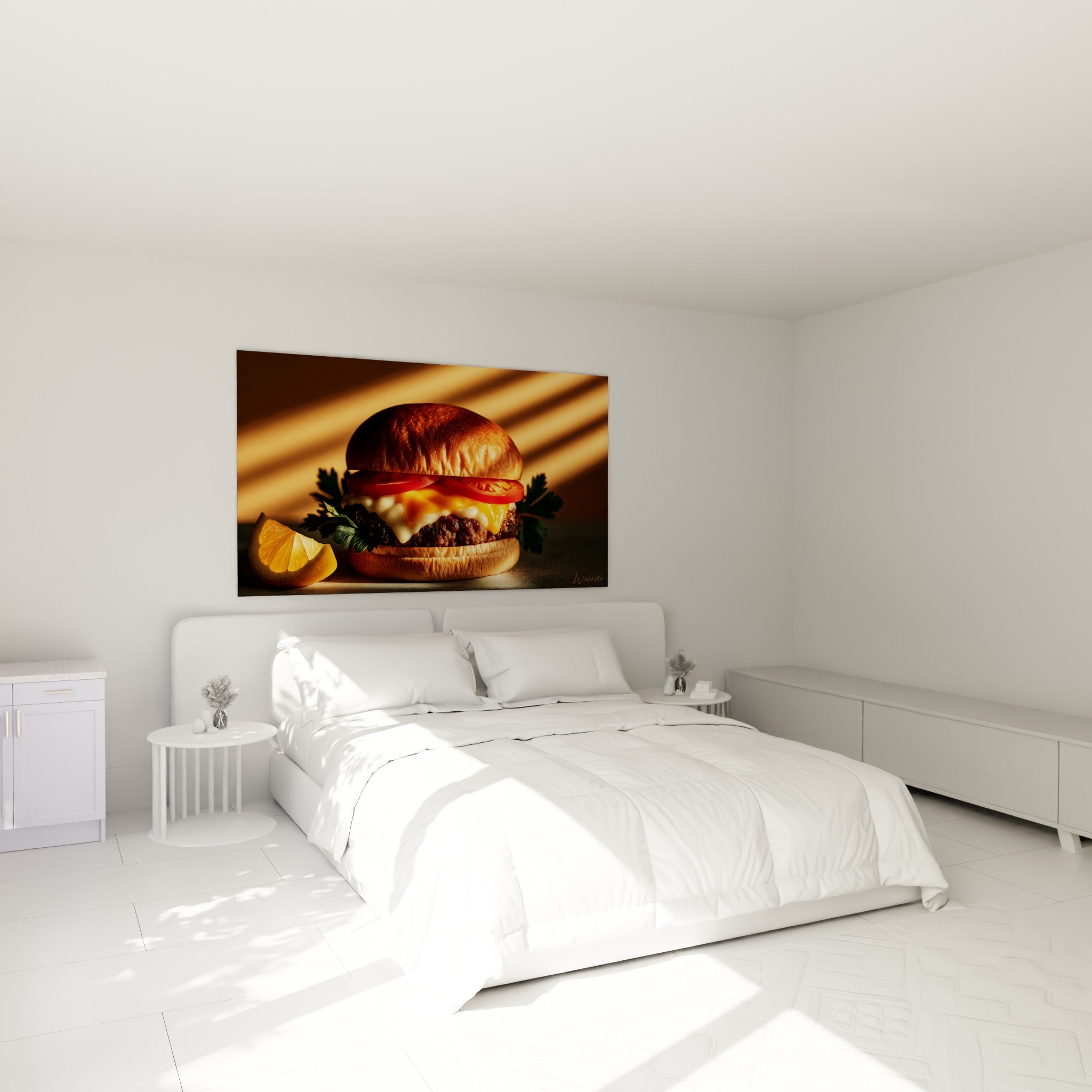 Burger doré aux tomates vives et fromage fondu, accroché au-dessus d'un lit dans une chambre claire